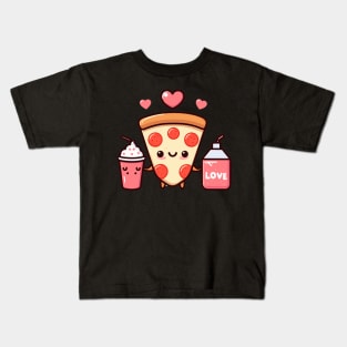 Pizza Party with a Pizza Slice, Cola, and a Milkshake | Cute Kawaii Food Art Kids T-Shirt